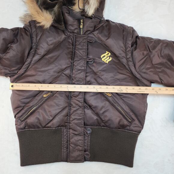 Vintage Y2k Rocawear Jacket Womens XL Down Filled Fur Trim Brown Bomber Brown - Picture 12 of 14